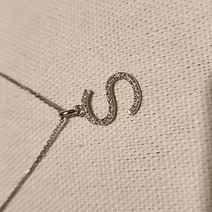 Diamond 14kt White Gold S Initial Pendant on 16 inch Diamond Cut Chain Italy